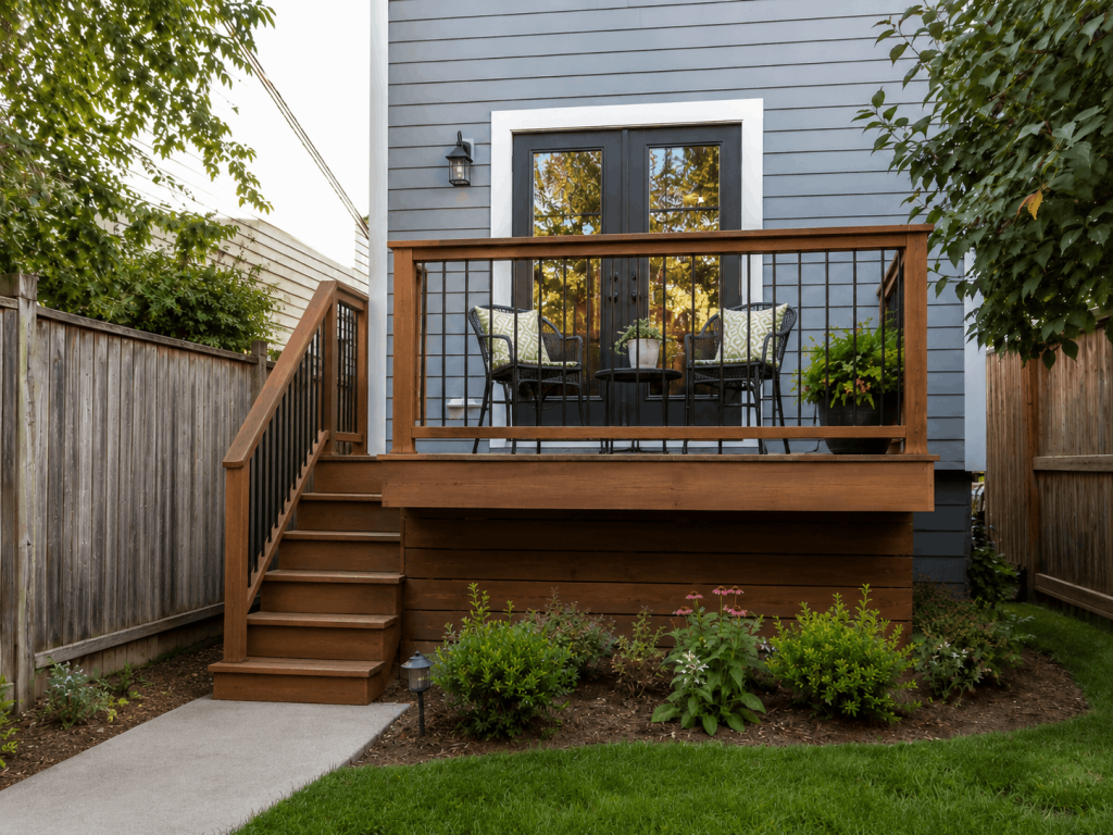 Deck installation with side stairs that save space in a compact backyard.