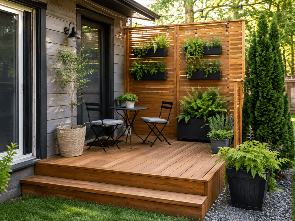 Deck installation using vertical privacy features and planters in a small backyard.