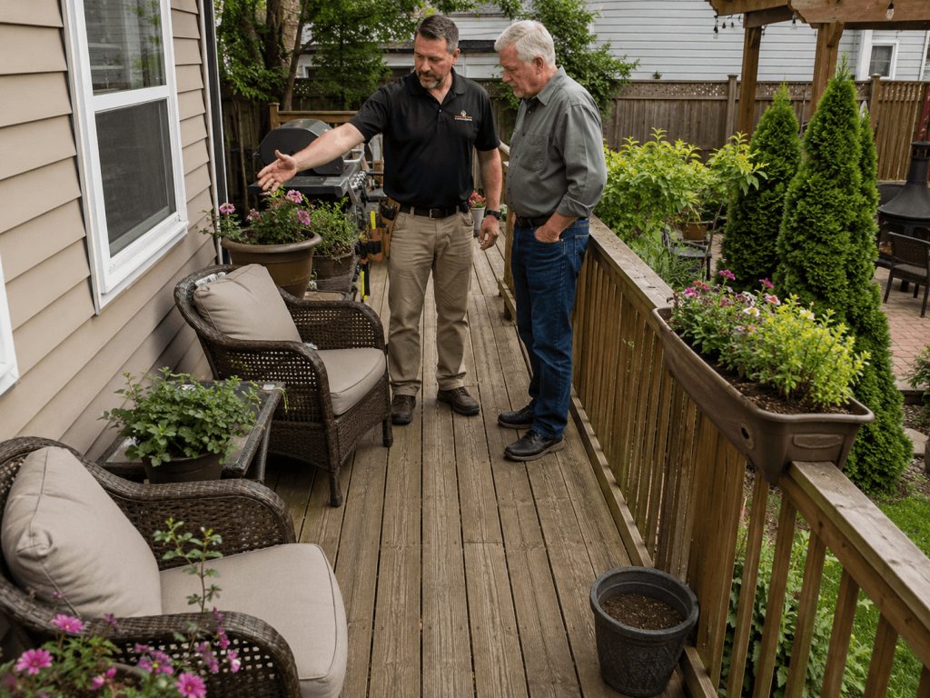 Contractor and homeowner discussing deck remodeling options for a narrow deck.