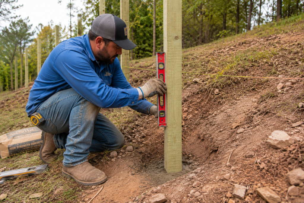 Fence installation worker securing a fence post on uneven ground.