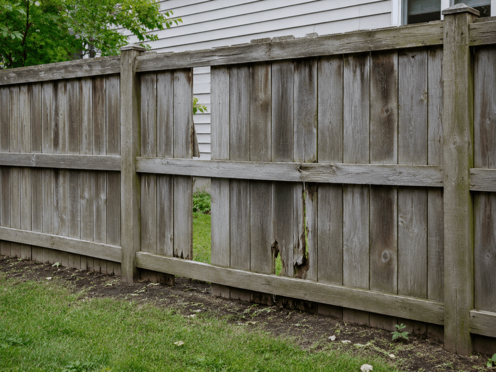Damaged wooden fence with missing boards needing fence repair.