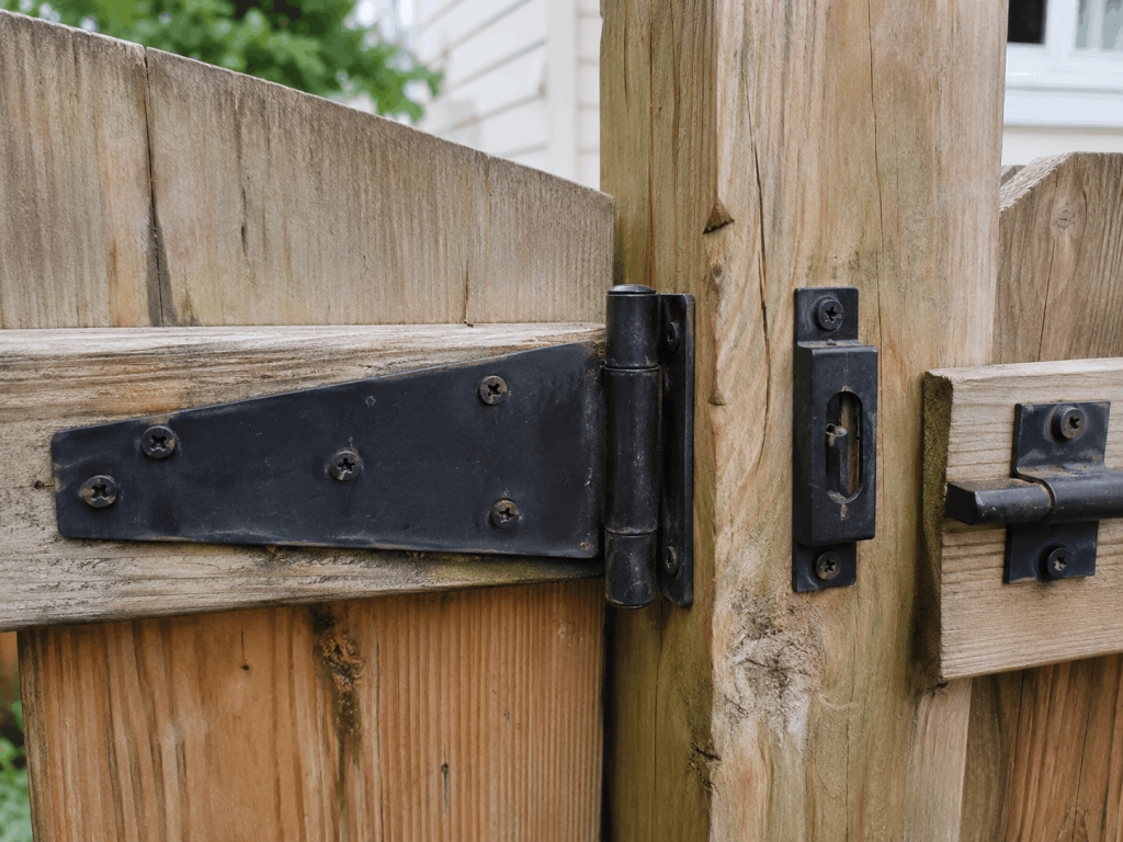 Worn fence gate hardware needing fence repair.