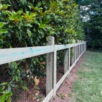 A farm wooden fence constructed from vertical planks, showcasing a natural wood finish and sturdy design.