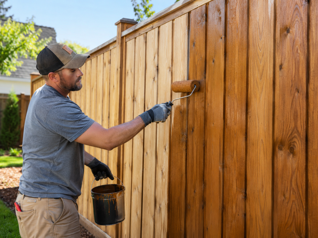 Wood fences with an even protective stain being applied to clean, dry fence boards.