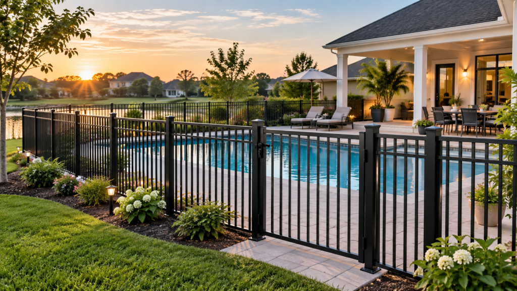 Aluminum fences surrounding a backyard pool with an open picket design and secure entry gate.