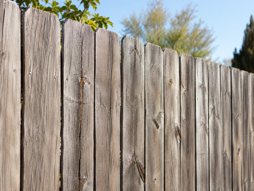 Wood fences with faded boards and surface cracks caused by long-term sun exposure.