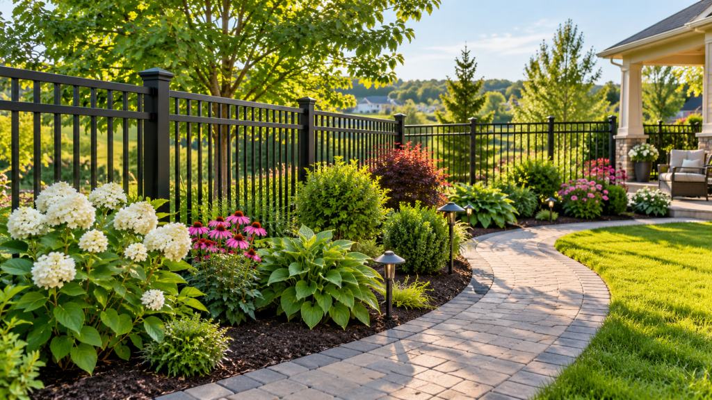 Aluminum fences around a landscaped garden with flowers, shrubs, and an open walking path.