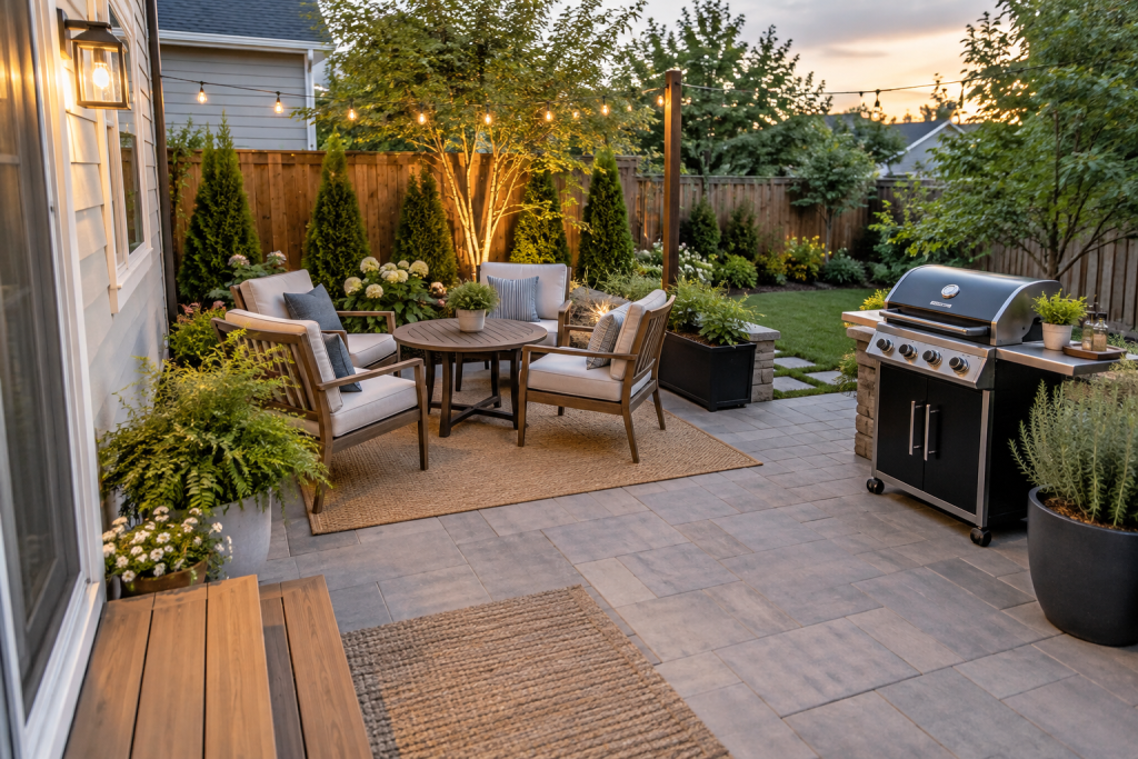 Patio installation in a small outdoor area with compact seating, a grill, and open walking space.